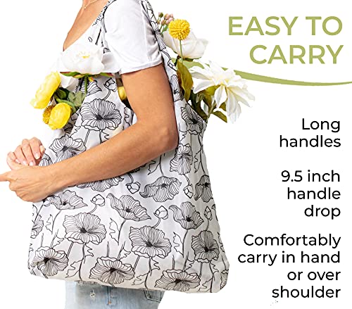 rockflowerpaper Reusable Grocery Bags - Washable, Foldable, Packable Tote, Large Handles, Heavy Duty, Zippered Top Pouch - color: Poppy