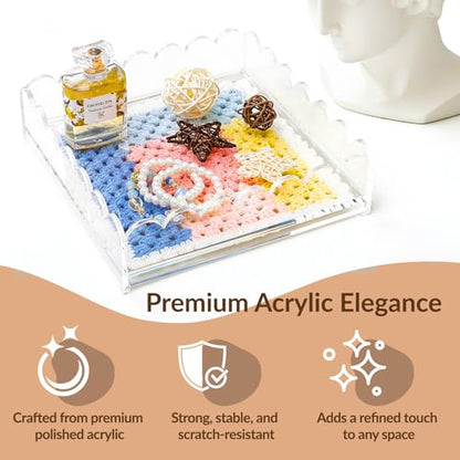 Acrylic Trays for Needlepoint 5" x 5", Scalloped Acrylic Tray with Drawer for Insert Needlepoint, Photos, Art, Fabric, Napkin, Messages Display Basket, Decorative Tray Gift for Home Office - size: 5''x5''x2''