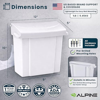 Alpine Sanitary Napkin Receptacle - Feminine Hygiene Disposal Container, Wall Mounted Trash Can with Odor Control Seal & Installation Hardware (White) - color: White