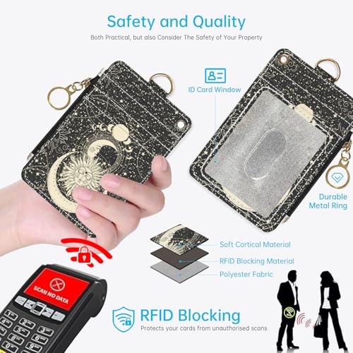 2-in-1 ID Badge Holder & Lanyard Wallet，Cute Zippered Pouch Sun and Moon - color: Sun and Moon