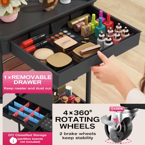 Goovilla Rolling Makeup Organizer Cart with Removable Drawer, 3 Tier Black - color: Black, size: 3 Tier