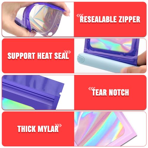 Funfery 300 Pack 3Size Mylar Holographic Bags with Clear Window,Purple Pink - color: Purple Pink, size: 3x4.7+4x6+4.7x7.9 Inch