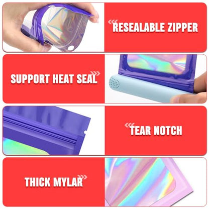 Funfery 300 Pack 3Size Mylar Holographic Bags with Clear Window,Purple Pink - color: Purple Pink, size: 3x4.7+4x6+4.7x7.9 Inch