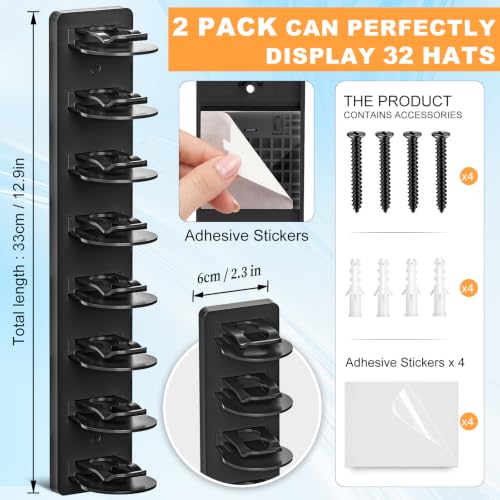 2 Pack Hat Organizer for Baseball Caps, Hat Rack Storage Hold 32 Cap Closet - color: Black-2 Sets