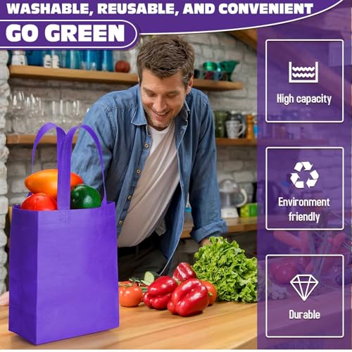 Windyun 50 Pcs Reusable Tote Bag Bulk 8 x 4 x 10 Inch, Dark Purple - color: Dark Purple