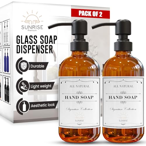 Sunrise Premium Amber Glass Soap Dispenser Matte Black with Pump, 2 Pack - color: Matte Black Ss Pump - Amber Glass