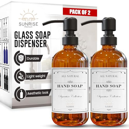 Sunrise Premium Amber Glass Soap Dispenser Matte Black with Pump, 2 Pack - color: Matte Black Ss Pump - Amber Glass