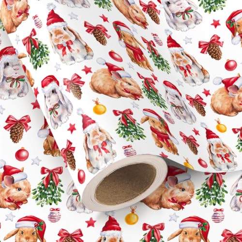 WRAPAHOLIC Animal Christmas Wrapping Paper - 17 Inch x 16.5 Feet - Adorable Bunny it with Santa Hat Wrapping Paper for Christmas, Holiday, Party Celebration - color: Bunny & Christmas Tree
