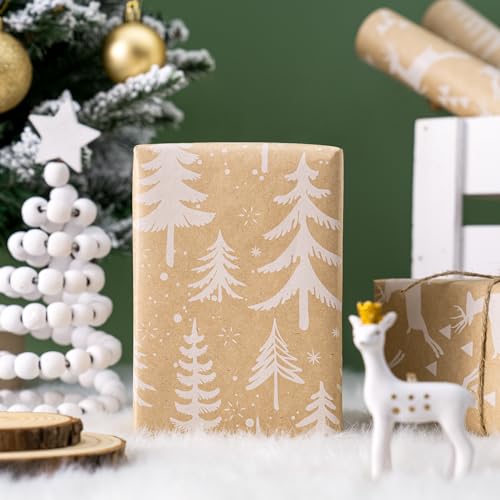 WRAPAHOLIC Kraft Christmas Wrapping Paper Roll - Mini Roll - 3 Rolls - 17 Inch X 120 Inch Per Roll - White Christmas Tree, Reindeer, Snowflake Holiday Collection - color: Kraft - White