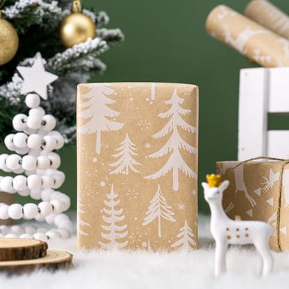 WRAPAHOLIC Kraft Christmas Wrapping Paper Roll - Mini Roll - 3 Rolls - 17 Inch X 120 Inch Per Roll - White Christmas Tree, Reindeer, Snowflake Holiday Collection - color: Kraft - White