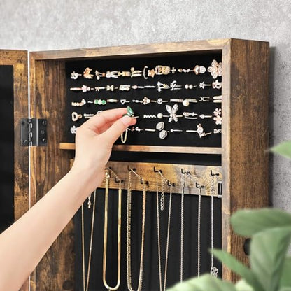 SONGMICS Lockable Jewelry Cabinet Armoire with Mirror, Wall-Mounted - color: Rustic Brown, style: Essential Capacity