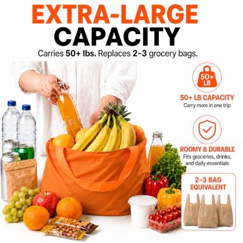 Reusable Grocery Bags 6 Pack, Foldable Shopping Bags with Pouch, Heavy Duty 50 LBS, Machine Washable Travel Totes - color: Orange
