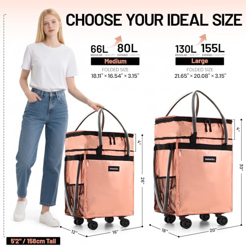 Fanwoli Reusable Grocery Bag on Wheels, 66L Upgraded Fabric - color: Pink - B, size: Medium