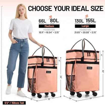 Fanwoli Reusable Grocery Bag on Wheels, 66L Upgraded Fabric - color: Pink - B, size: Medium