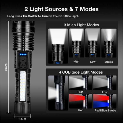 Rechargeable Flashlight 980,000L High Lumens 2 Pack, Led Tactical Flash Light, Super Bright Flashlights with 7 Modes, USB C Charging, Cob Side Light, IPX6 Waterproof for Camping Emergency