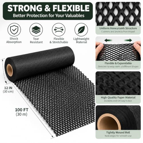 Black Honeycomb Packing Paper, 12" x 100 ft, Gift Wrapping Paper - color: Black, size: 12 Inch x 100 Feet