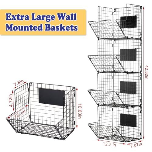 X-cosrack Metal Wire Basket Wall Mount, 4 Tier Extra Large Wall Storage Basket Organizer with Chalkboards, Kitchen Fruits and Vegetables Produce Bin Rack Toys Organizer Bathroom Tower Baskets (Black) - size: Extra Large (Pack of 4)