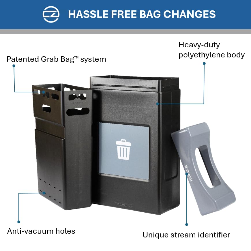 Commercial Zone Avante™ Series Made in The USA, Black Trash Container, 30-Gallon Shallow, Gray Trash Panel, Gray Lid, Open Top, Liner Included