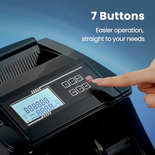 BODIOO Professional Money Counter Machine with UV/MG/IR/DD Detection, High-Speed 1000 Bills per Minute, USD and EUR Support, External LCD Display,Black