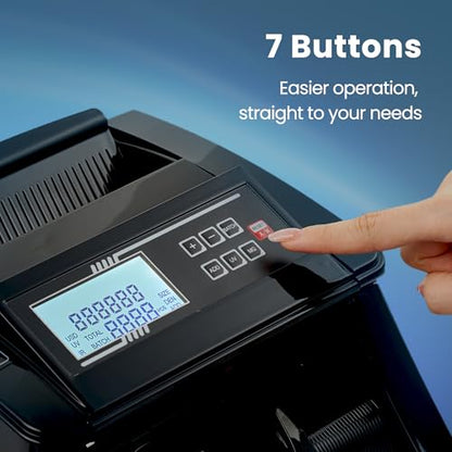 BODIOO Professional Money Counter Machine with UV/MG/IR/DD Detection, High-Speed 1000 Bills per Minute, USD and EUR Support, External LCD Display,Black