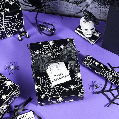 WRAPAHOLIC Halloween Wrapping Paper - Mini Roll - 17 Inch x 16.5 Feet - Black White Spider Web and Spider Wrapping Paper for Halloween Deco, Holiday, Party - color: Spider Web & Spider