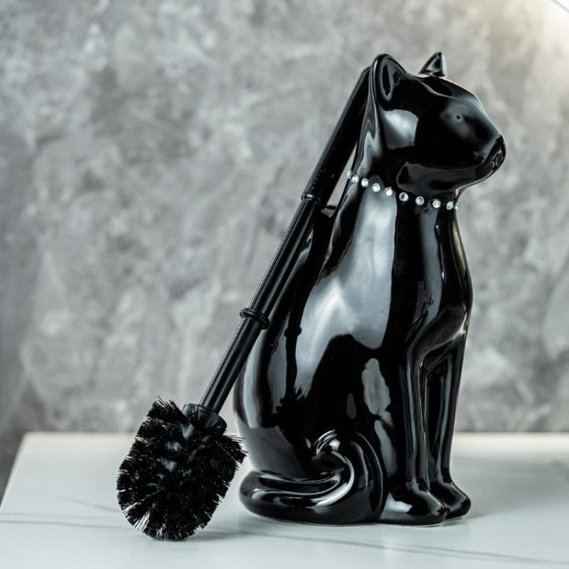 Comeon Ceramic Cat Toilet Brush and Holder Set, Plastic Handle, Black - color: Black, size: Cat