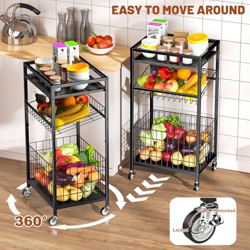 Fruit Vegetable Cart, 3-Tier Snack Cart on Wheels & Wood Top, Black - color: Black, size: 3 Tier(12 in)
