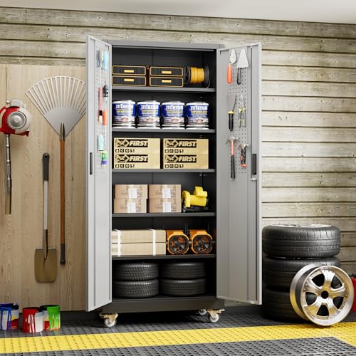 71 in Garage Storage Cabinet with Wheels, Black and Dark Grey - color: Black-dark Gray, size: 16"D x 32"W x 71"H