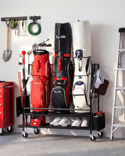 FHXZH Golf Bag Storage Garage Organizer - Golf Bag Stand with Wheels - color: Black - 3 Golf Bag Organizer