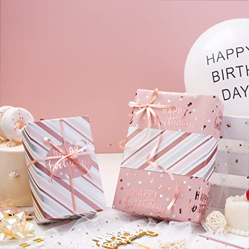 LeZakaa Reversible Pink Birthday Wrapping Paper Roll for Girls Women, Happy Birthday Lettering & Stripe Pattern with Metallic Foil in Pink, Mini Roll, 17 inches x 32.8 Feet (46.45 sq.ft.) - color: Birthday - Metallic Pink, size: 17" X 32.8 ft