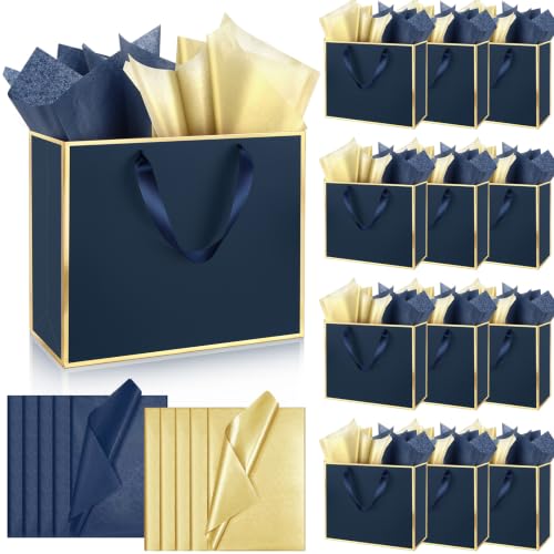 ReliThick 12 Pack Paper Gift Bag with Handles & Tissue, Navy Blue, Gold - color: Navy Blue, Gold