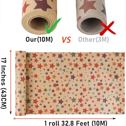 VOWOVOSDAY Happy Birthday Wrapping Paper,Gift Wrapping Paper Roll,Kraft Wrapping Paper-17 inch X 33 Feet Per roll,Colorful Stars Pattern For Boys Girls,Baby Shower(10Brown Star) - color: Kraft Star