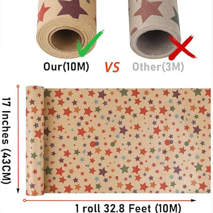 VOWOVOSDAY Happy Birthday Wrapping Paper,Gift Wrapping Paper Roll,Kraft Wrapping Paper-17 inch X 33 Feet Per roll,Colorful Stars Pattern For Boys Girls,Baby Shower(10Brown Star) - color: Kraft Star
