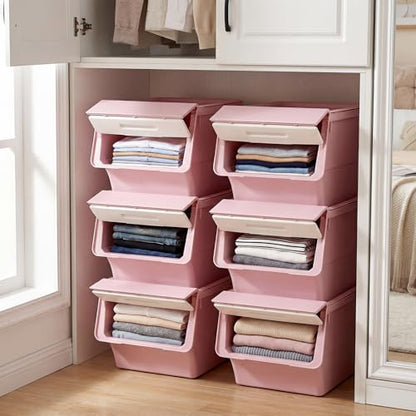 GIANTEX 6 Pack Plastic Stackable Storage Bins with Lids & Wheels, 35 QT - color: White + Pink, size: 6 Pack, 35 QT