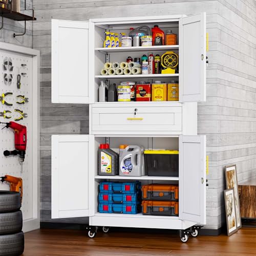 pozdeg 74" White Lockable Rolling Metal Garage Storage Cabinet - color: White