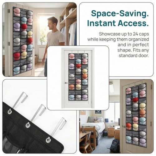 Baseball Cap Rack, Door-Mounted Cap Rack, Wall-Mounted Cap Rack, 24 Pockets, Polyester