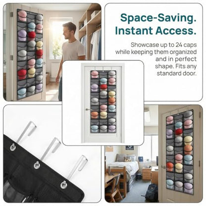 Baseball Cap Rack, Door-Mounted Cap Rack, Wall-Mounted Cap Rack, 24 Pockets, Polyester