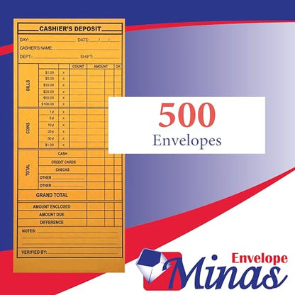 500 Minas Envelope Cashier Deposit Report Envelopes, 4 1/8" x 9 1/2", Sturdy 24lb. Kraft Paper, Cash Drop Envelope with Gum Flap for Hotels, Small Businesses, Retailers, Restaurants