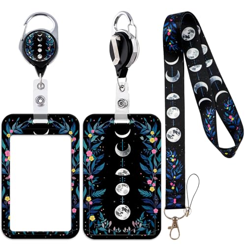 Lanyard Card Holder & Retractable Reel Clip for Nurse Teacher, Cute Moon Phase & Flower Lanyards for ID Badges - color: Moon Phase