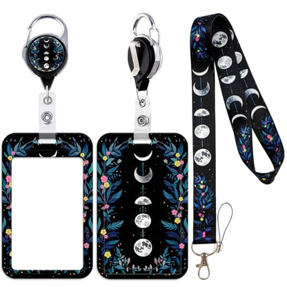 Lanyard Card Holder & Retractable Reel Clip for Nurse Teacher, Cute Moon Phase & Flower Lanyards for ID Badges - color: Moon Phase