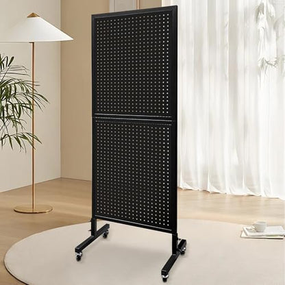 Royxen Large Standing Pegboard Display with T-Base, 2 x 5.4 Feet Metal Pegboard Display Stand with 30 Hooks, Peg Board Panels with Wheels for Vendors, Home and Retail Store (Black) - color: Black