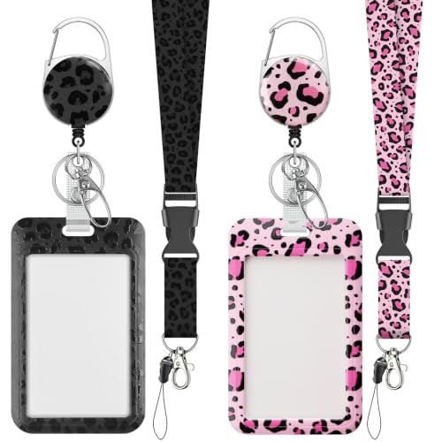 Uniclife Cute ID Badge Holder with Lanyard - color: Black Leopard Print & Pink Leopard Print