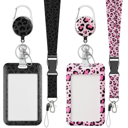 Uniclife Cute ID Badge Holder with Lanyard - color: Black Leopard Print & Pink Leopard Print