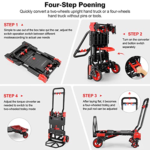 Folding Hand Truck Dolly, 330lb Convertible 4 to 2 Wheel Moving Cart, Red - size: 330LB