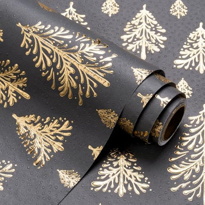 WRAPAHOLIC 3D Kraft Christmas Wrapping Paper Roll - Mini Roll - 17 Inch x 16.5 Feet - Gold and Dark Grey Christmas Tree Wrapping Paper with Embossed Perfect for Holiday, Party Celebration - color: Christmas Tree - Dark Grey & Gold, size: 17 inch x 16.5 fe