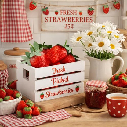 Maitys Mini Strawberry Table Decor, Wooden Crate with 8 Faux Strawberries
