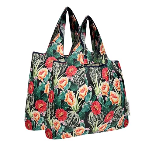allydrew Medium Foldable Tote Nylon Reusable Grocery Bag (Set of 2) - color: Floral Cactus
