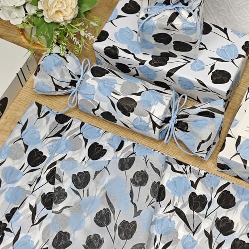 LIAPAWPAW Halloween Floral Tissue Paper with Blue & Black Tulip Pattern, 60 Sheets, 20 x 14 inches, Elegant Flower Tissue Paper for Gift Bags, Boxes, Craft, Decoupage, Gift Wrapping for Holiday - color: White With Light Blue And Black Tulip Pattern