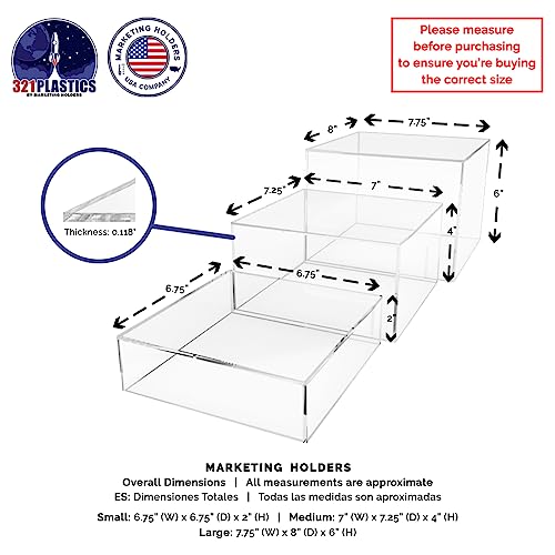 Marketing Holders 3 Piece Acrylic Display Riser Boxes Clear Retail Product Riser with Hollow Bottom No Lid 2", 4", 6" High Nesting Bins One Open Side Merchandise Storage Box - size: Set of 3 Clear