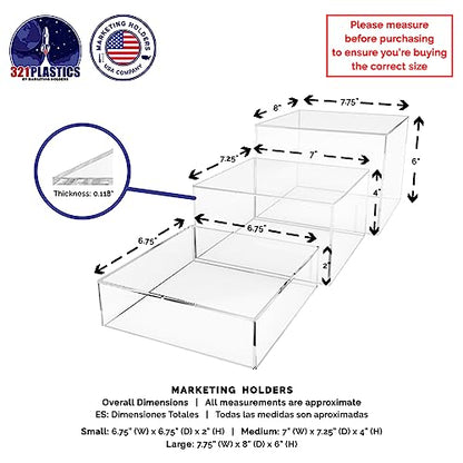 Marketing Holders 3 Piece Acrylic Display Riser Boxes Clear Retail Product Riser with Hollow Bottom No Lid 2", 4", 6" High Nesting Bins One Open Side Merchandise Storage Box - size: Set of 3 Clear